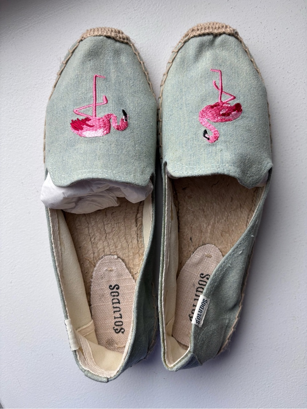 NEW: Soludos Chambray Canvas Espadrilles with Pink Flamingo Embroidery - Size 7